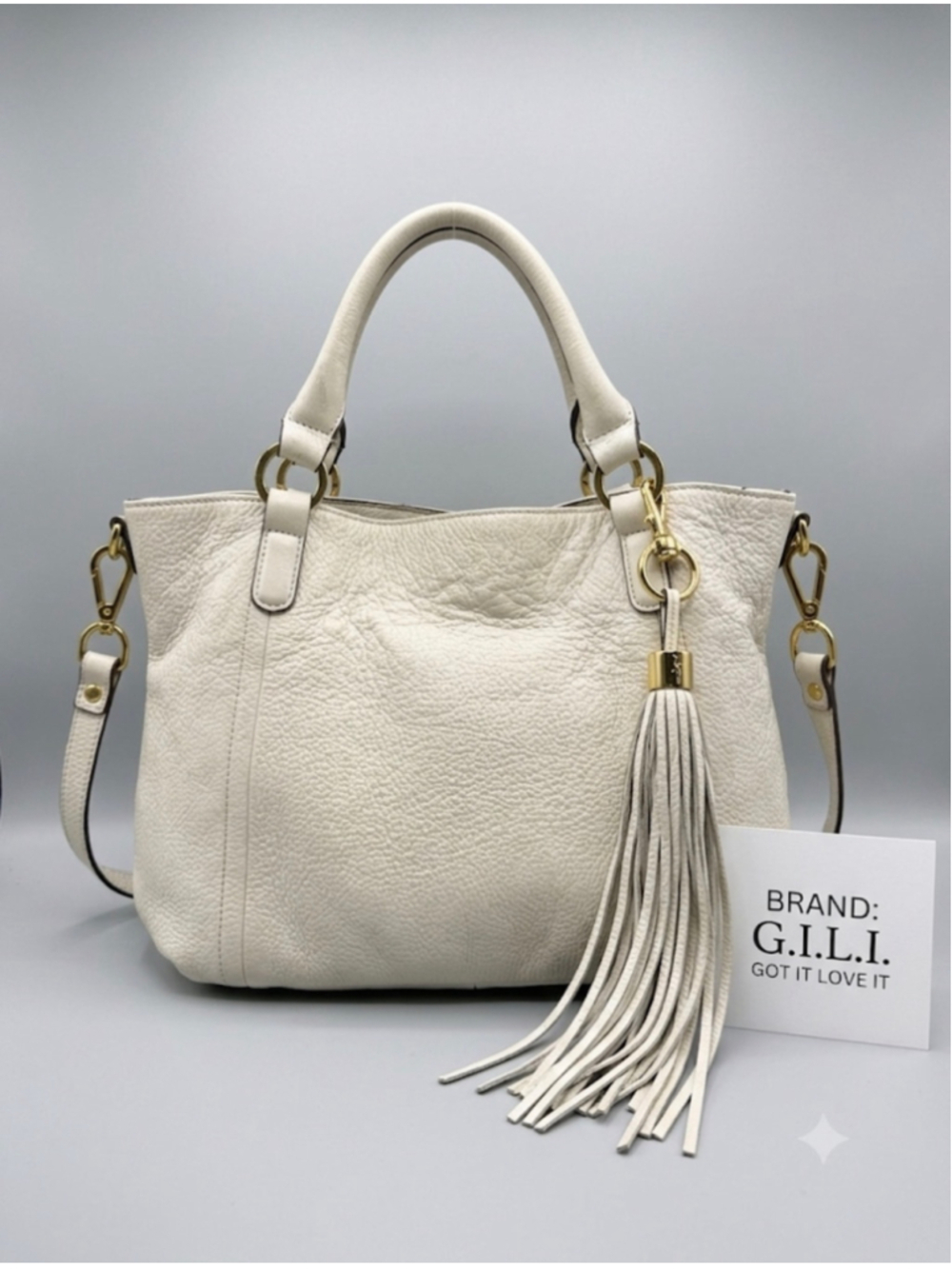 G.I.L.I. Off-White Leather Satchel with Gold Hardware and Leather Tassle